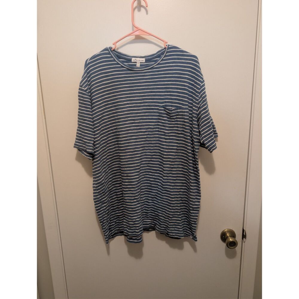 Peter Millar Men's Large Blue White Striped Short Sleeve Pocket T-Shirt